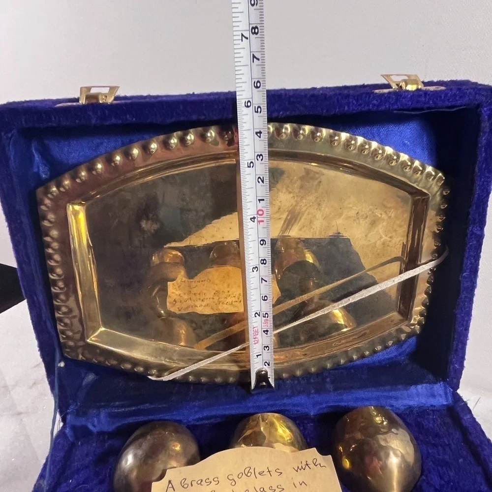 Vintage Brass Set 6 Small Cordial Wine Goblets Tray Original Box